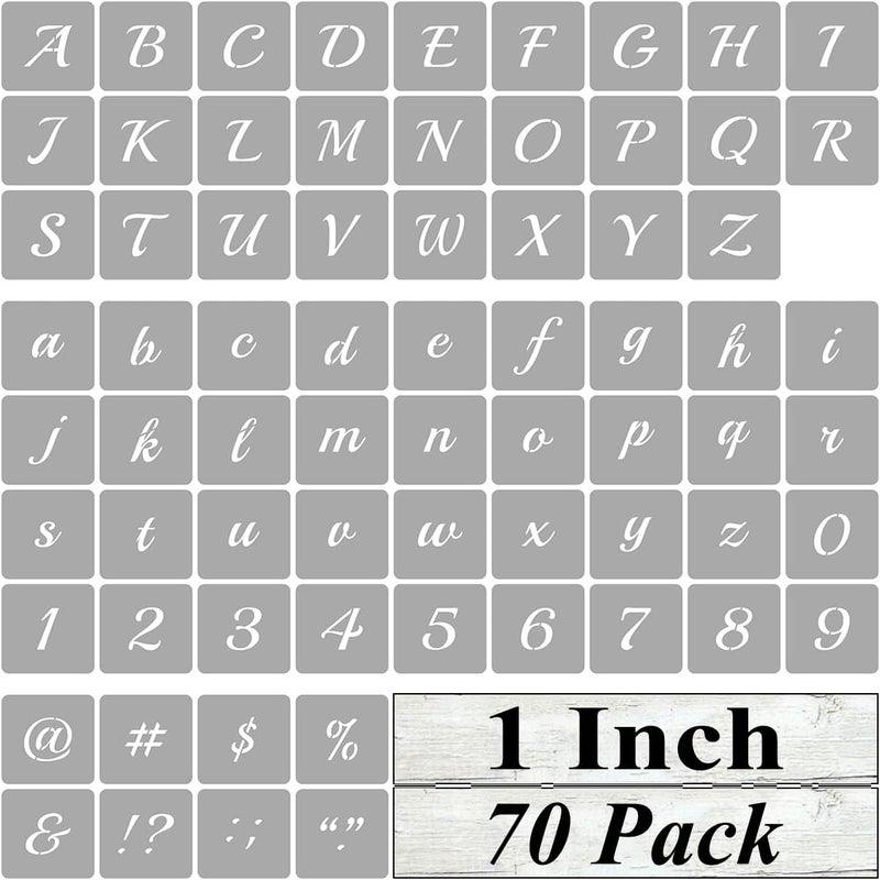 REOLAN 1 Inch Alphabet Letter Stencils for Painting - 70 Pack Letter and Number Stencil Templates with Signs for Painting on Wood, Reusable Cursive Letters Stencils for Chalkboard Wood Signs & Wall Art - Image 1